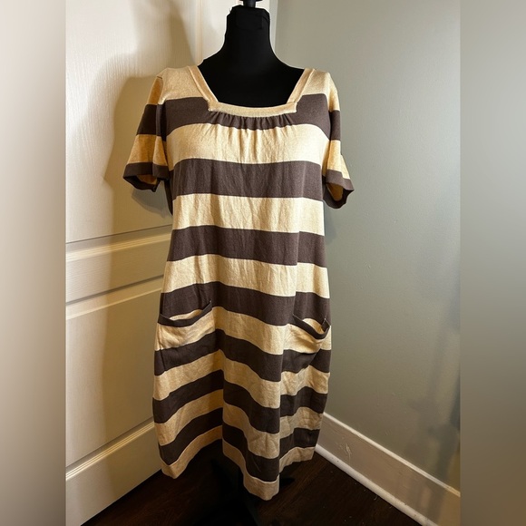 NWT Pink Rose Striped Mocha‎ Tan Midi Sweater Dress Square Neck Short Sleeve 2X - Picture 1 of 10